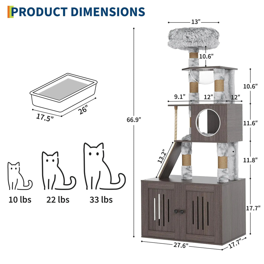 66.9in Cat Tree Tower with Enclosed Litter Box