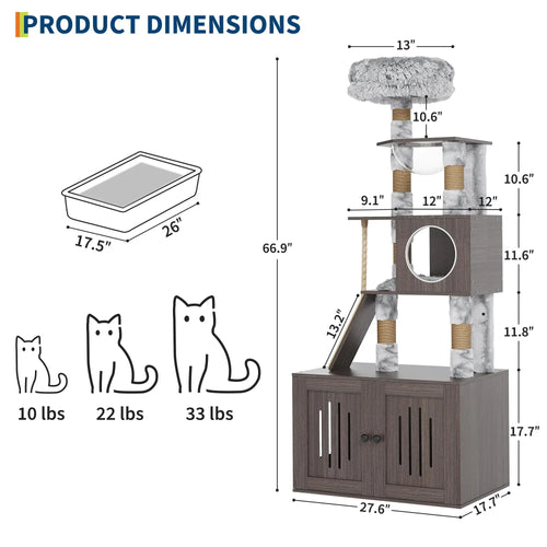 66.9in Cat Tree Tower with Enclosed Litter Box