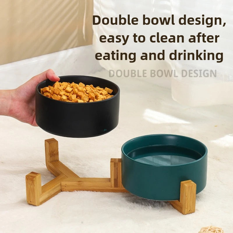 Elevated Ceramic Pet Bowl with Wood Stand