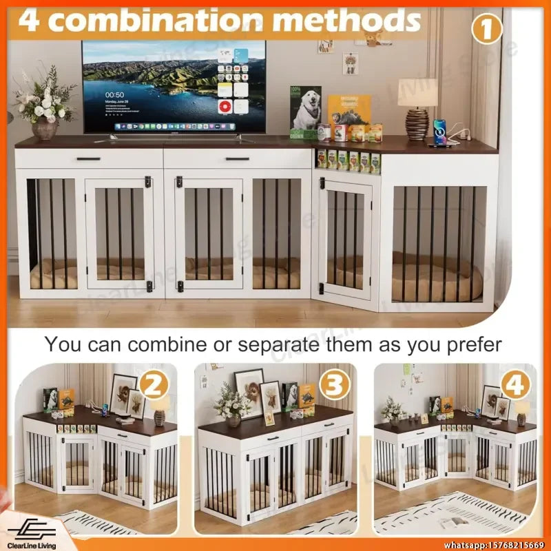 Wooden Dog Crate Furniture with Storage Drawers & Power Outlet