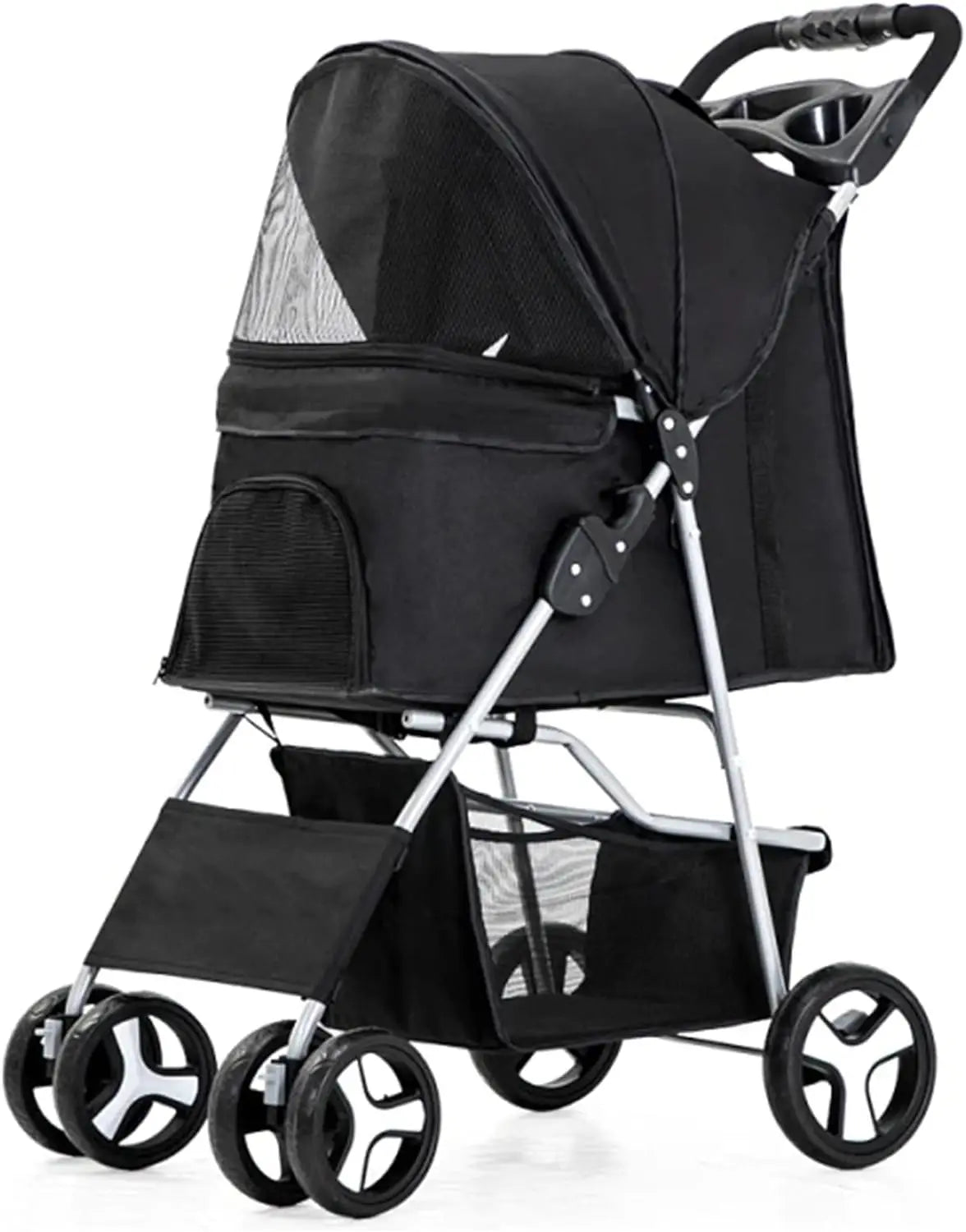 4-Wheel Pet Jogger Stroller with Cup Holder & Storage Basket — Travel Pushchair for Small & Medium Dogs & Cats