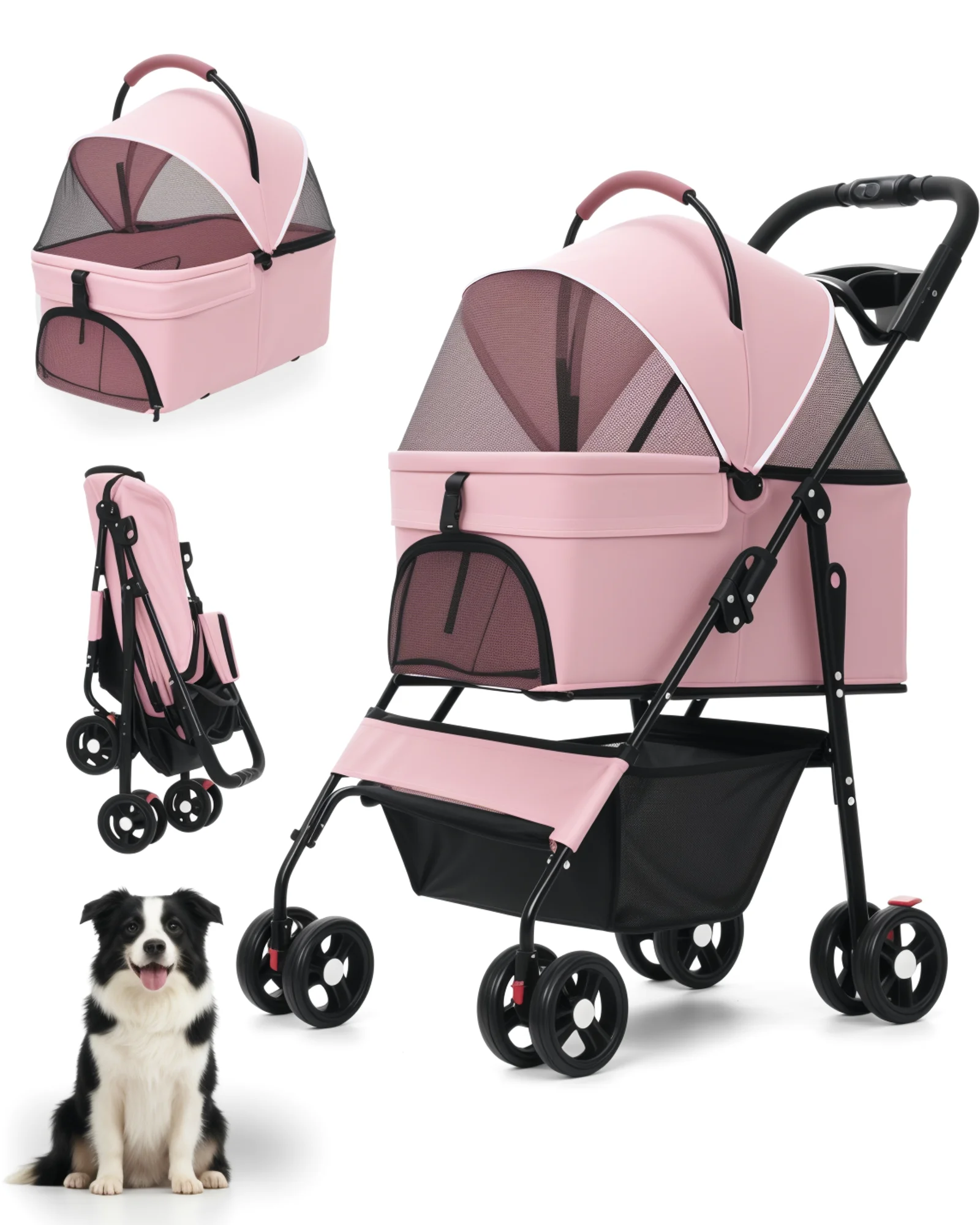 2-in-1 Dog Stroller & Carrier (Detachable, 4-Wheel, Foldable, Lightweight)