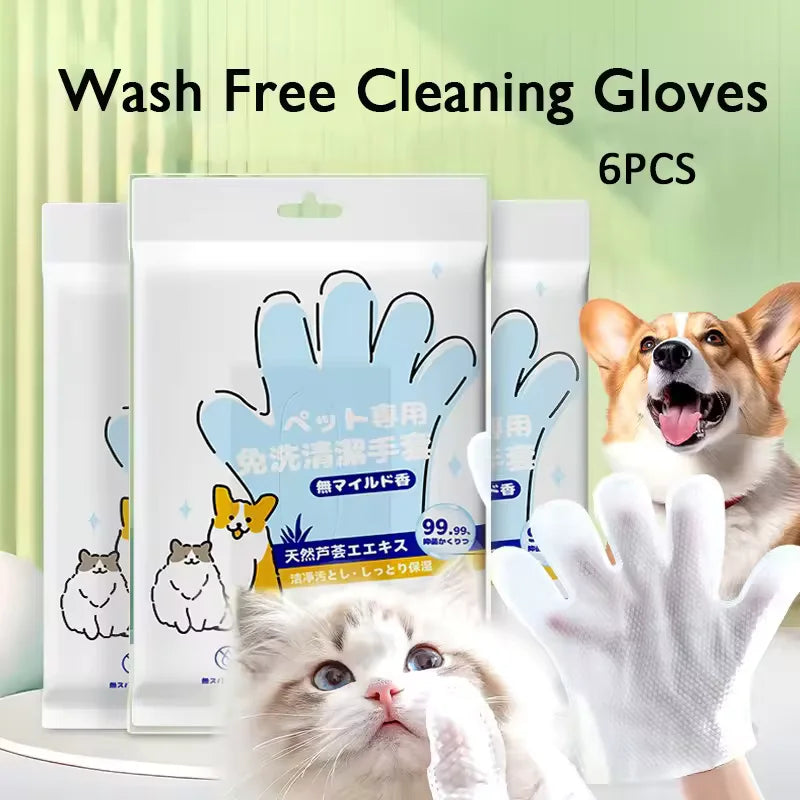 No-Rinse Pet Cleaning Wipe Gloves — Deodorizing Dry Cleaning, 6pcs