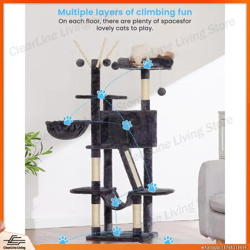 53in Cat Tree with Condo, Hammock & Scratching Post
