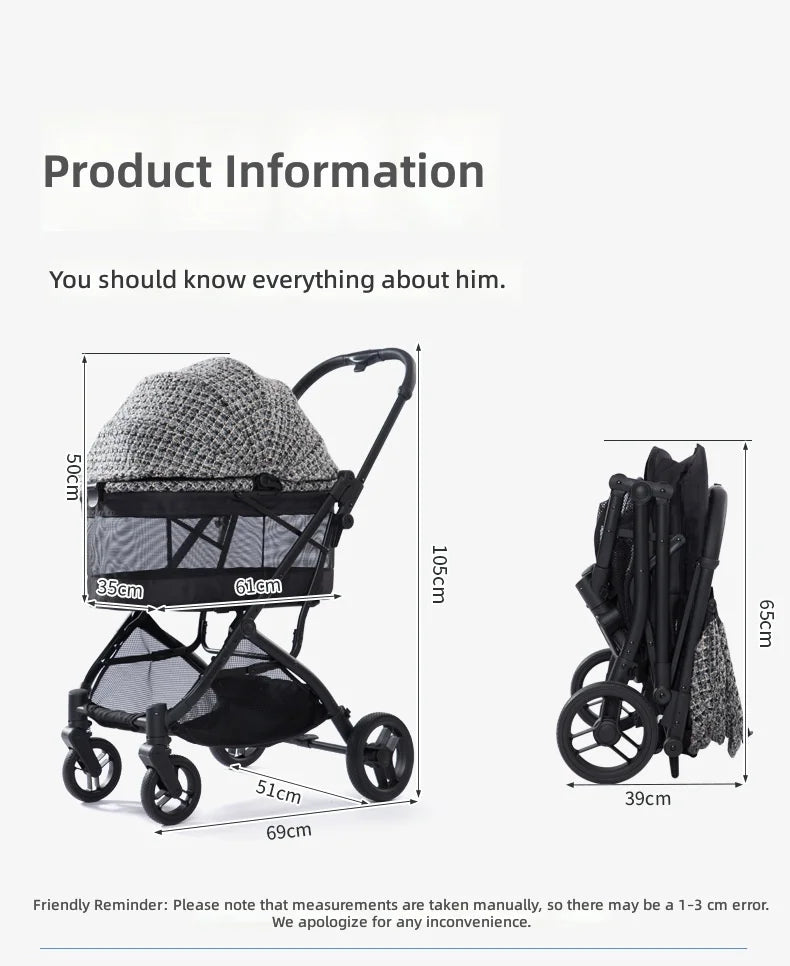 Portable Foldable Pet Stroller for Small Cats & Dogs with All-Terrain Wheels & Adjustable Handle