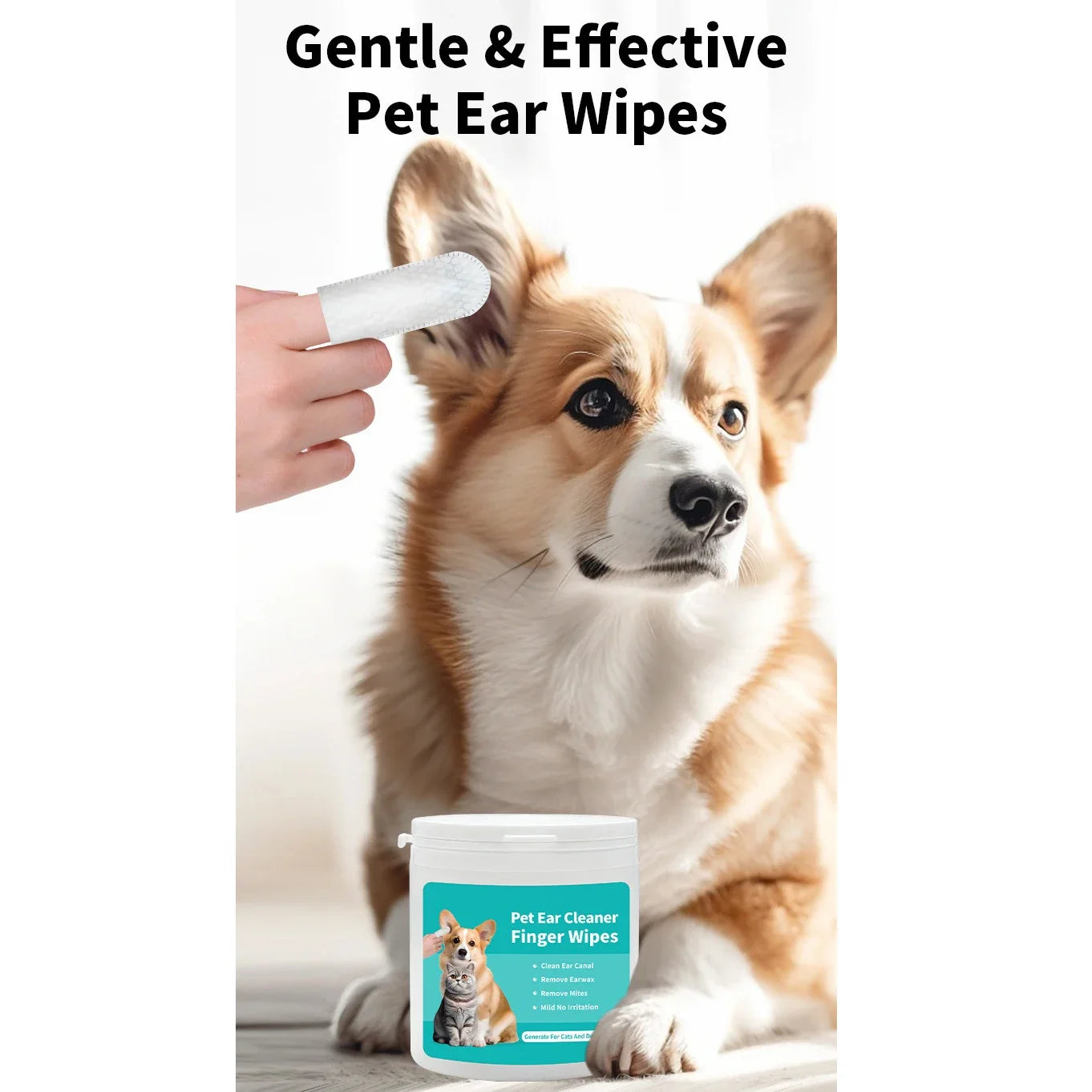 Pet Ear Cleaning Finger Wipes — Ear Mite & Debris Removal, 50pcs