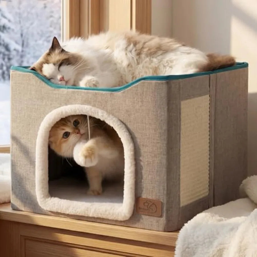 Foldable Cat Cave with Hanging Ball & Scratch Pad, 16.5in