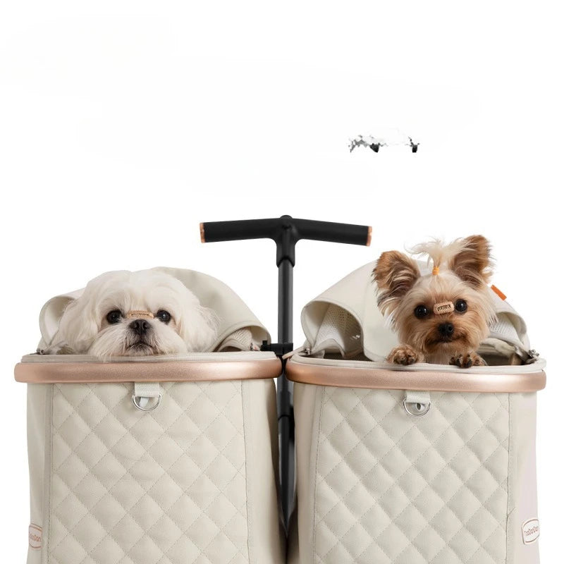 Double-Seat Foldable Pet Stroller for Two Small Dogs with Independent Baskets & Detachable Cat Stroller