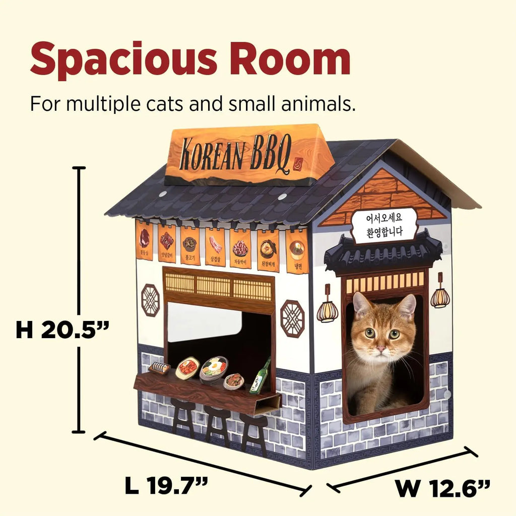 Large Cardboard Cat Cave House with Scratcher, Korean BBQ Design