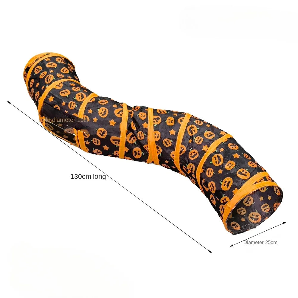 Halloween Pumpkin Cat Play Tunnel — Foldable Crinkle Pet Tunnel with Toy Attachment