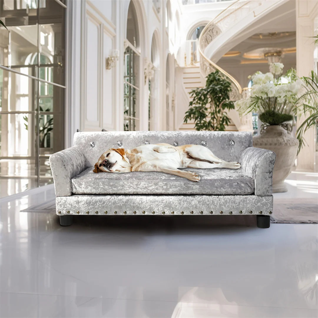 Deluxe Silver Velvet Dog Couch Sofa with Removable Cushion