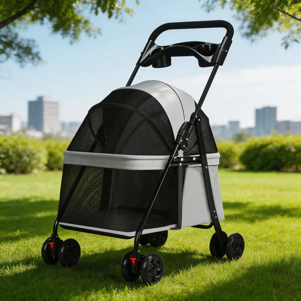 Foldable Small Dog Pet Stroller with Built-In Pet Dish — Convenient On-the-Go Feeding Cart