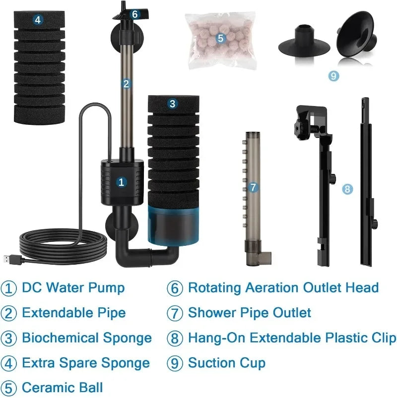 USB Aquarium Sponge Filter (Quiet, Wave Maker, Oxygenator)