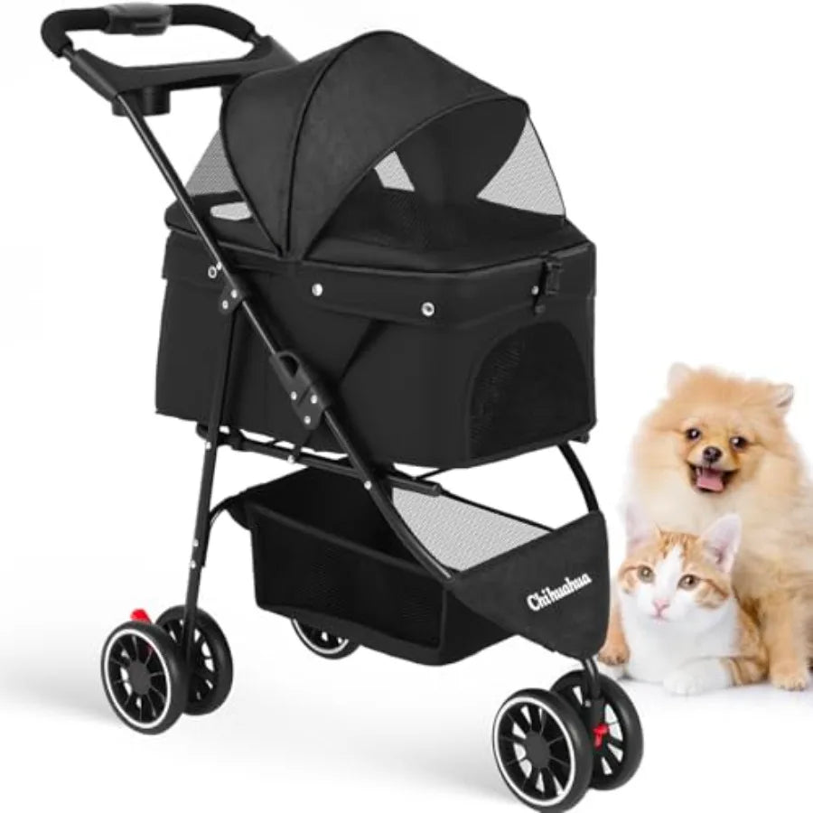 3-Wheel Foldable Pet Stroller with Breathable Mesh Canopy & Cup Holders for Dogs & Cats