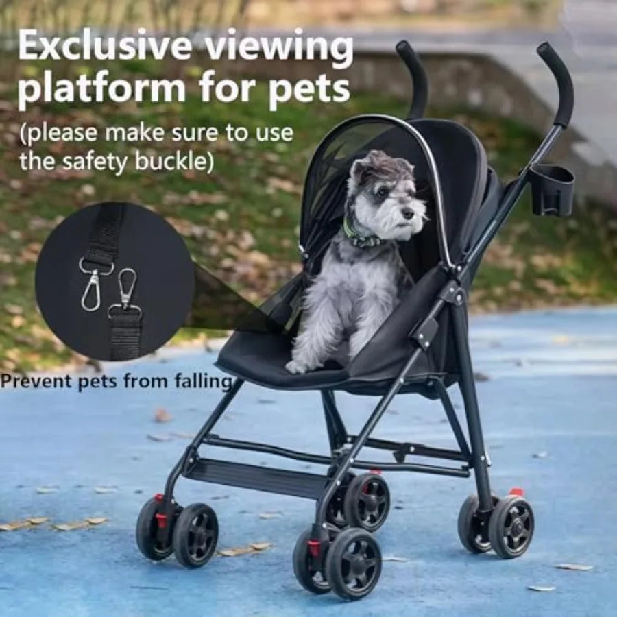 Lightweight Foldable Black Pet Stroller with Mesh Ventilation & Cup Holder for Dogs & Cats