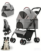 2-in-1 Dog Stroller & Carrier (Detachable, 4-Wheel, Foldable, Lightweight)