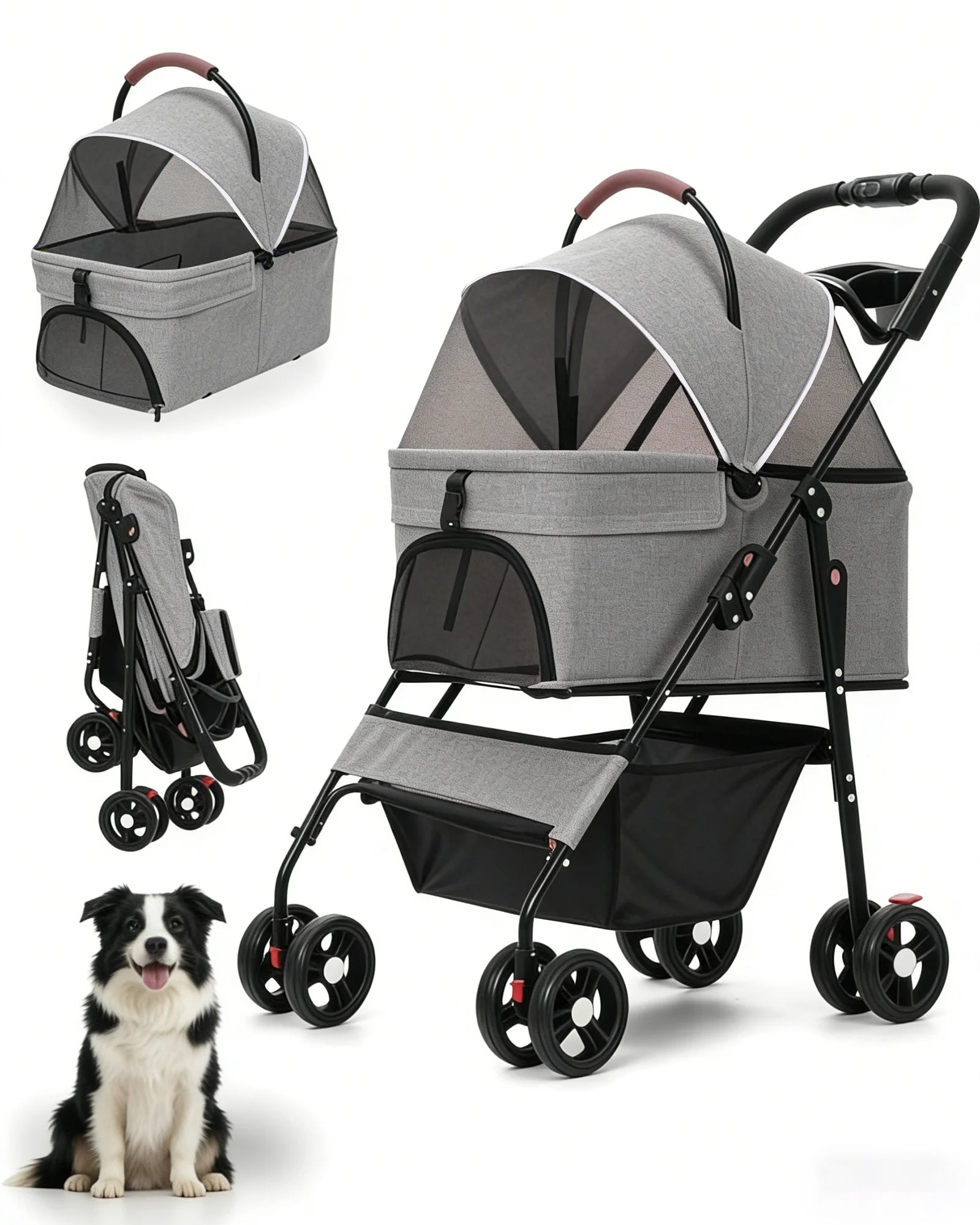 2-in-1 Dog Stroller & Carrier (Detachable, 4-Wheel, Foldable, Lightweight)