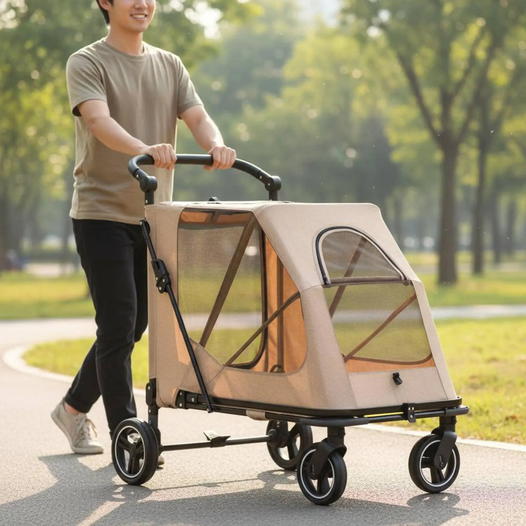 Foldable Large Dog Wagon Stroller with Breathable Mesh — Rolling Travel & Shopping Carrier