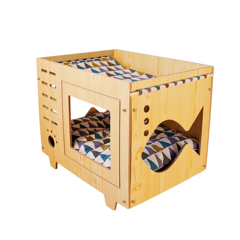 Wooden Double-Deck Pet Bed with Hammock & House