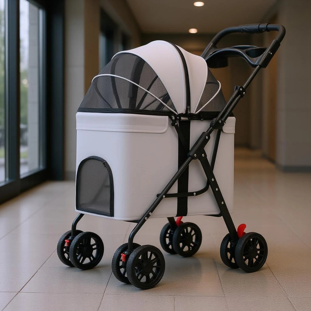 Foldable Wheeled Mesh Pet Stroller & Carrier for Small Dogs & Cats