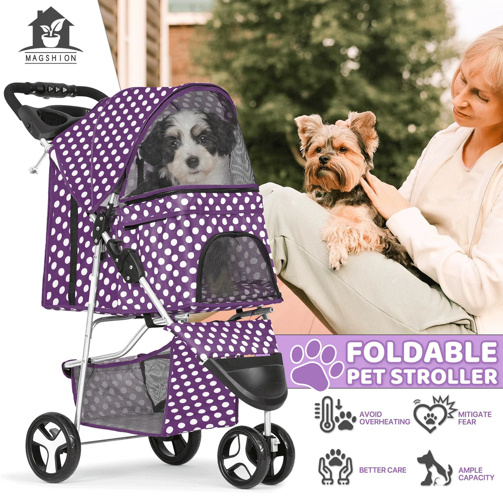 Magshion Foldable 3-Wheel Pet Jogger Stroller with Storage Basket & Cup Holder