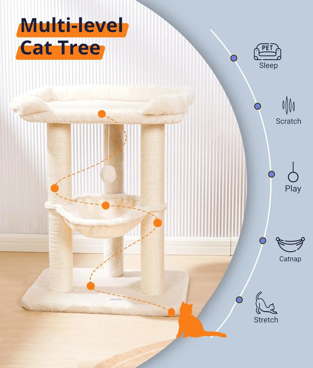 28in Cat Tree with Large Bed, Scratching Post & Hammock