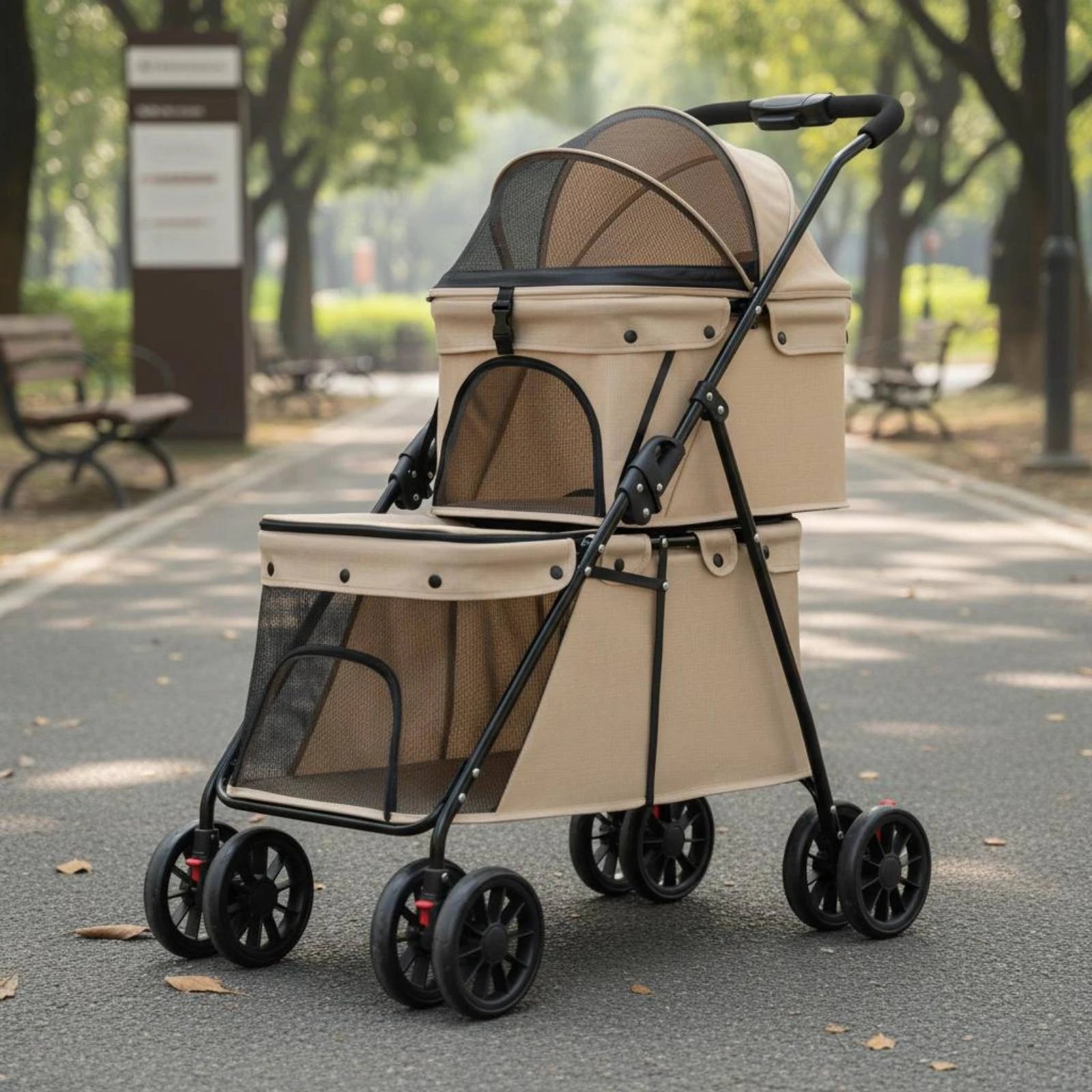 Double-Deck Dog & Cat Stroller with Breathable Mesh Panels — Easy-Fold Double Layer Travel Pet Stroller