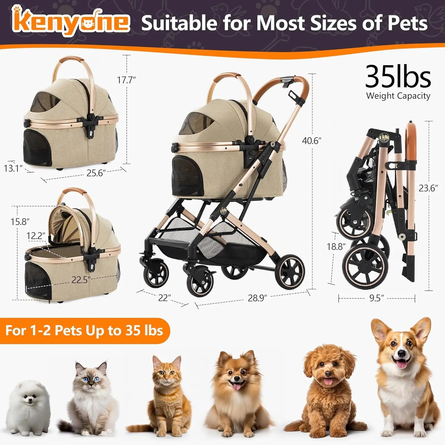 3-in-1 Aluminum Alloy Pet Stroller with Dual No-Zip Entry, Detachable Carrier & Pet Pad — Foldable