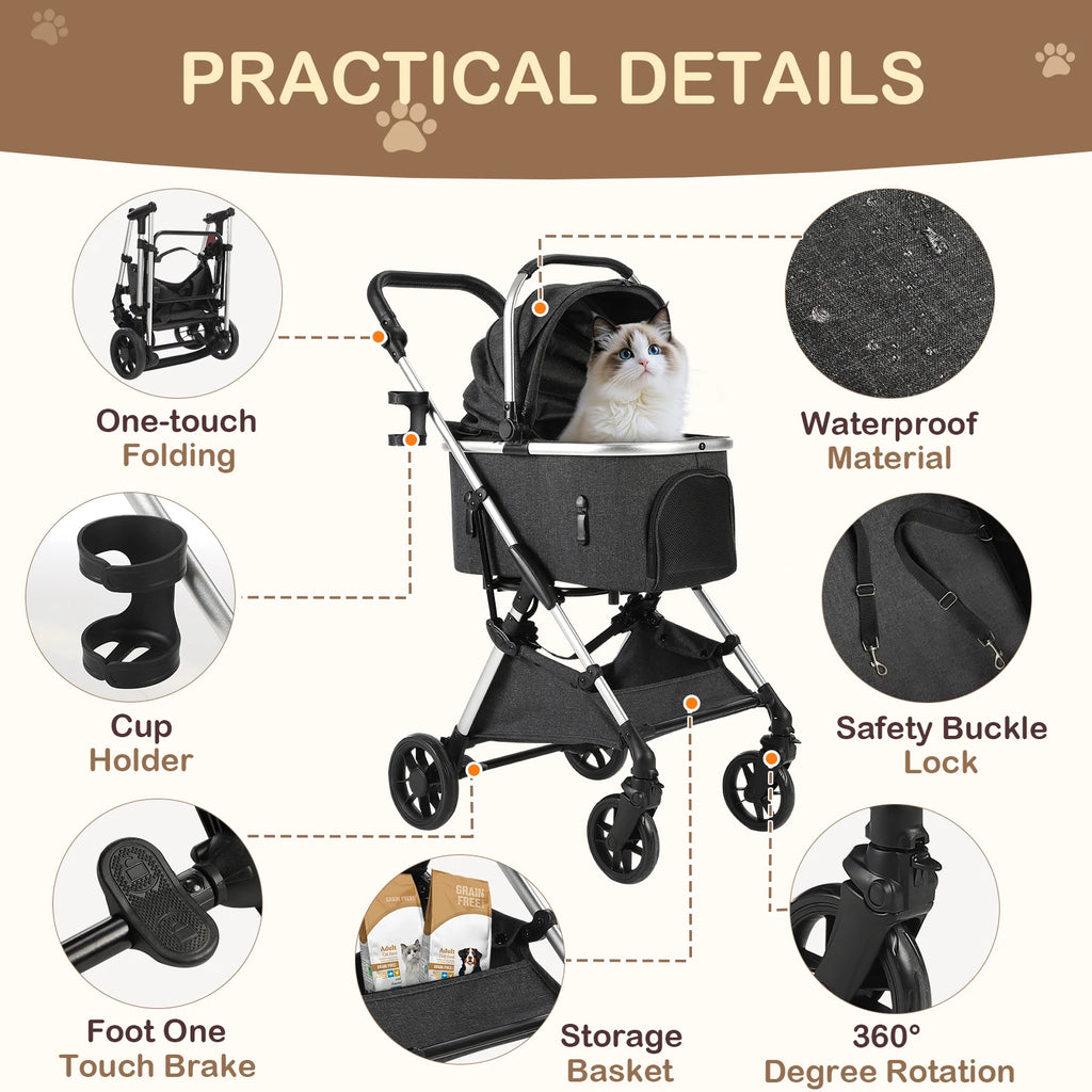 4-Wheel Pet Stroller with Detachable Carrier (Foldable, 50 lbs)