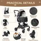 4-Wheel Pet Stroller with Detachable Carrier (Foldable, 50 lbs)