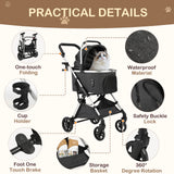 4-Wheel Pet Stroller with Detachable Carrier (Foldable, 50 lbs)