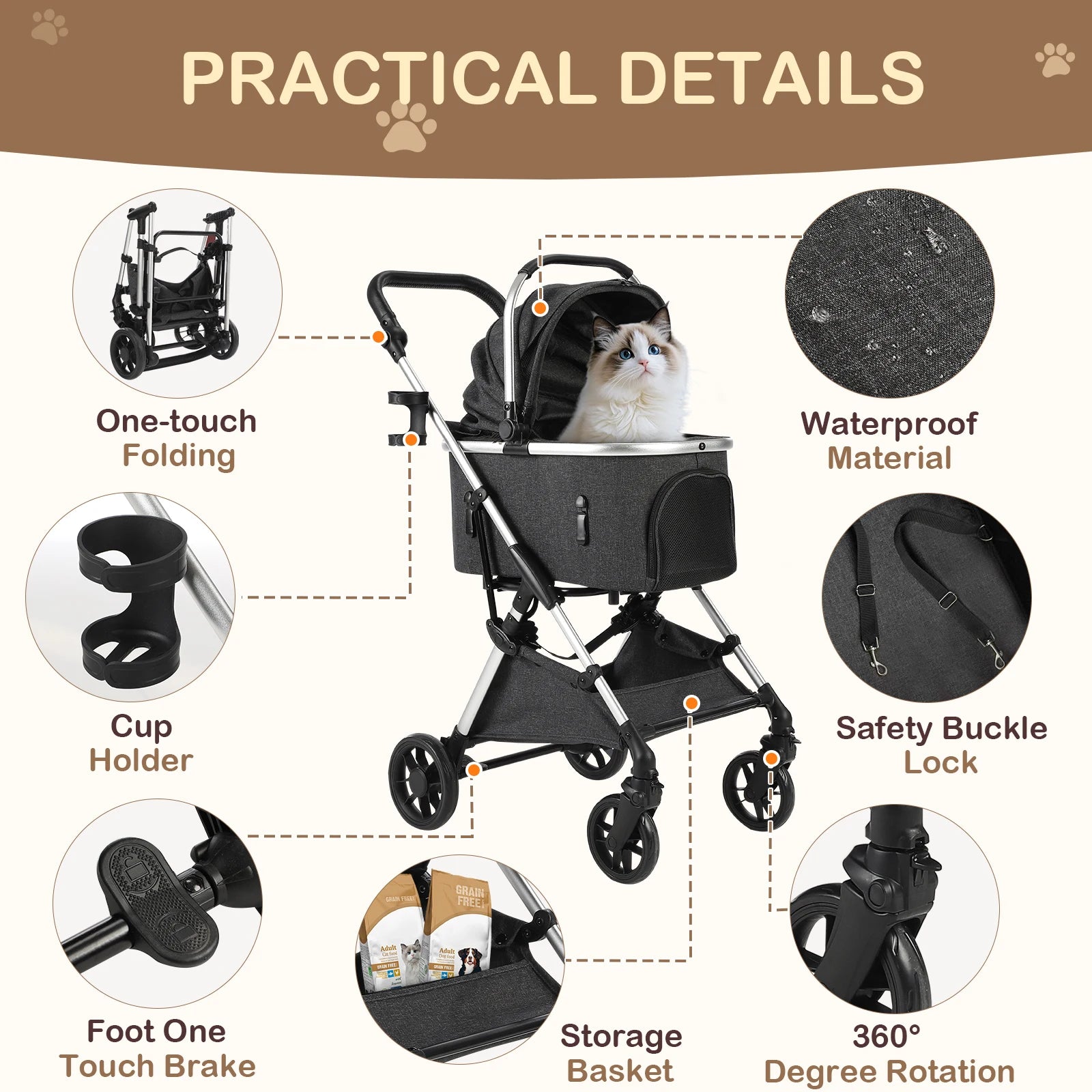 4-Wheel Pet Stroller with Detachable Carrier (Foldable, 50 lbs)