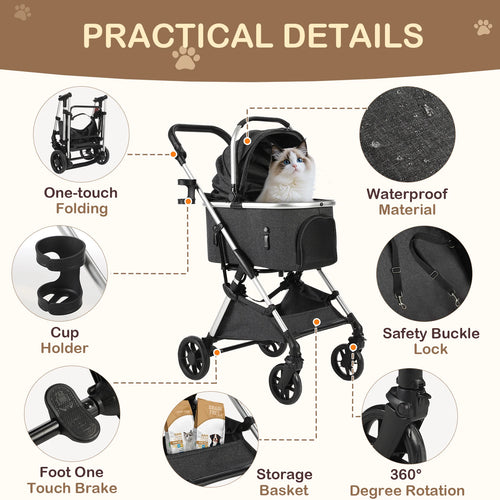 4-Wheel Pet Stroller with Detachable Carrier (Foldable, 50 lbs)