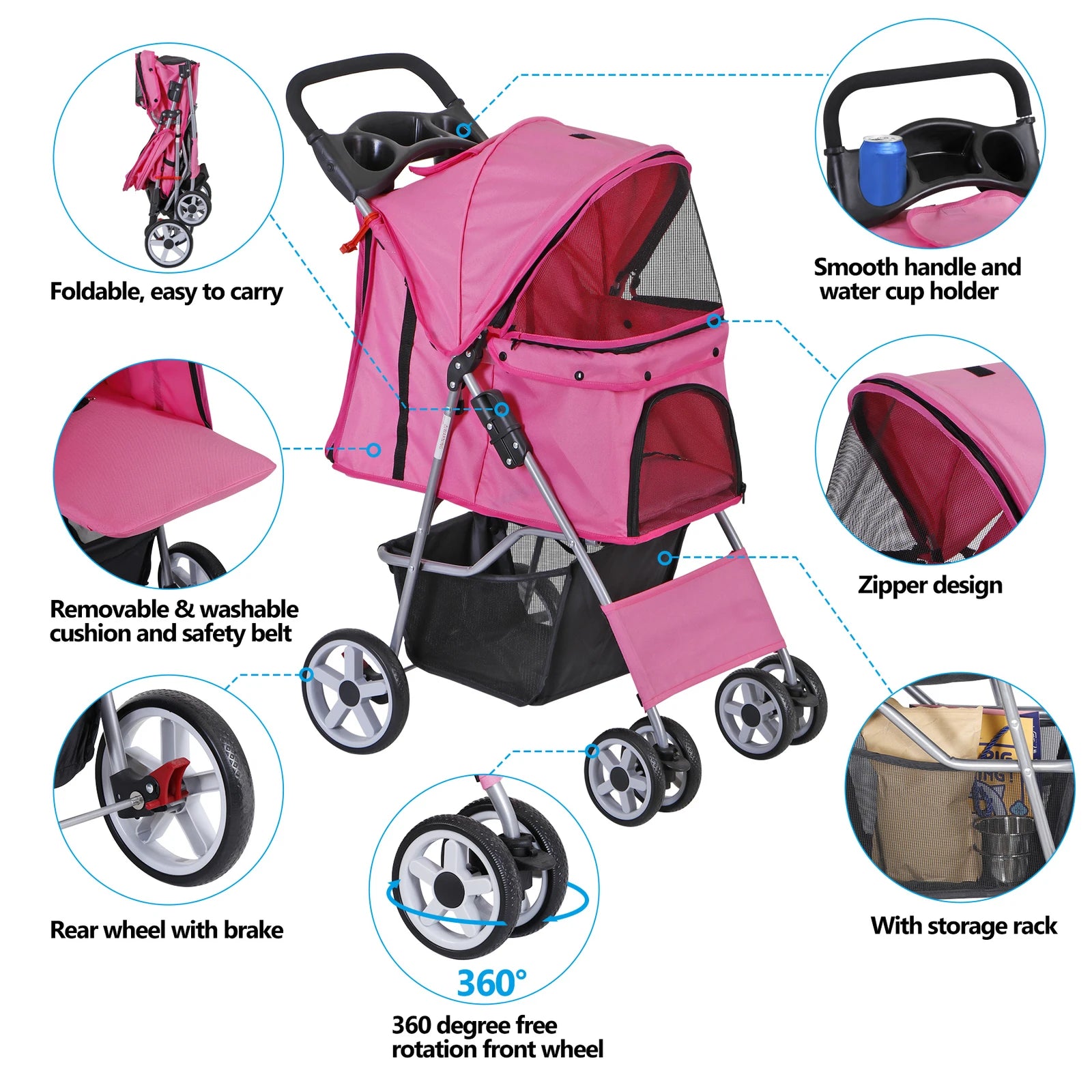 4-Wheel Foldable Pet Stroller with Storage Basket for Dogs & Cats — Lightweight Outdoor Travel Cart