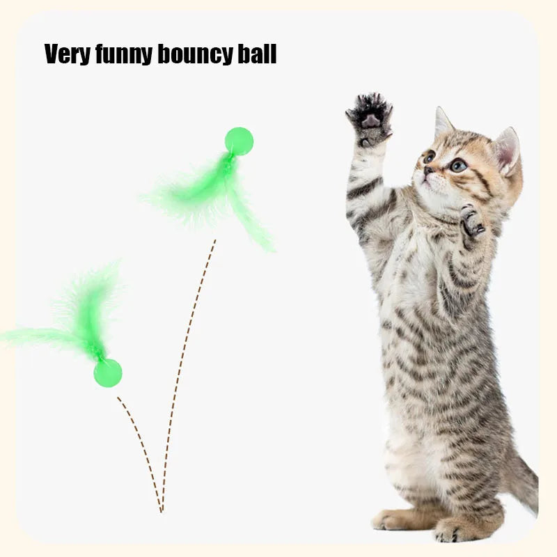 Feather Stick Bouncy Ball Cat Toy with Catnip — Feather Tossing Ball for Interactive Play