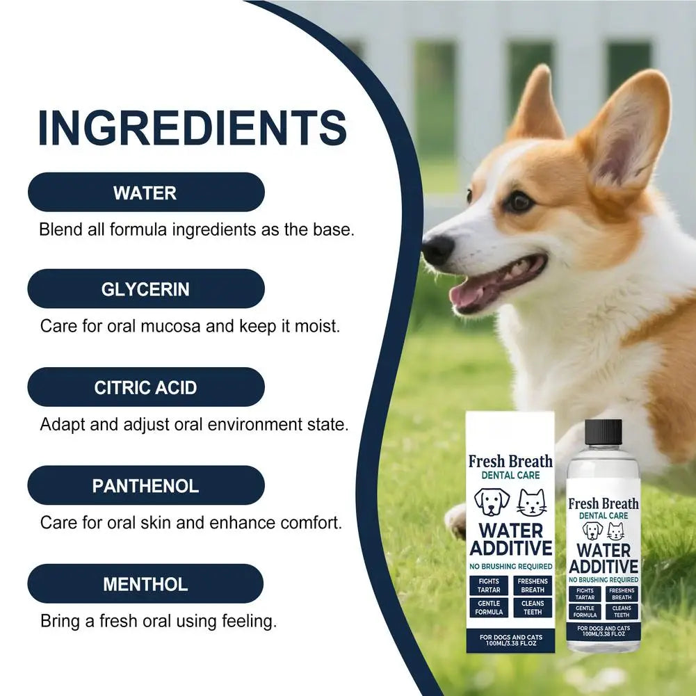 No-Brushing Pet Dental Water Additive — Fresh Breath & Tartar Control, 100ml
