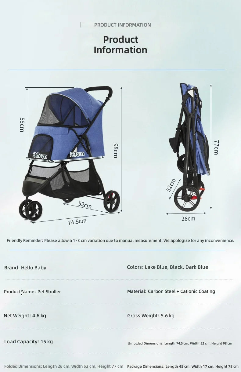Lightweight 3-Wheel Dog & Cat Stroller for Small to Medium Pets