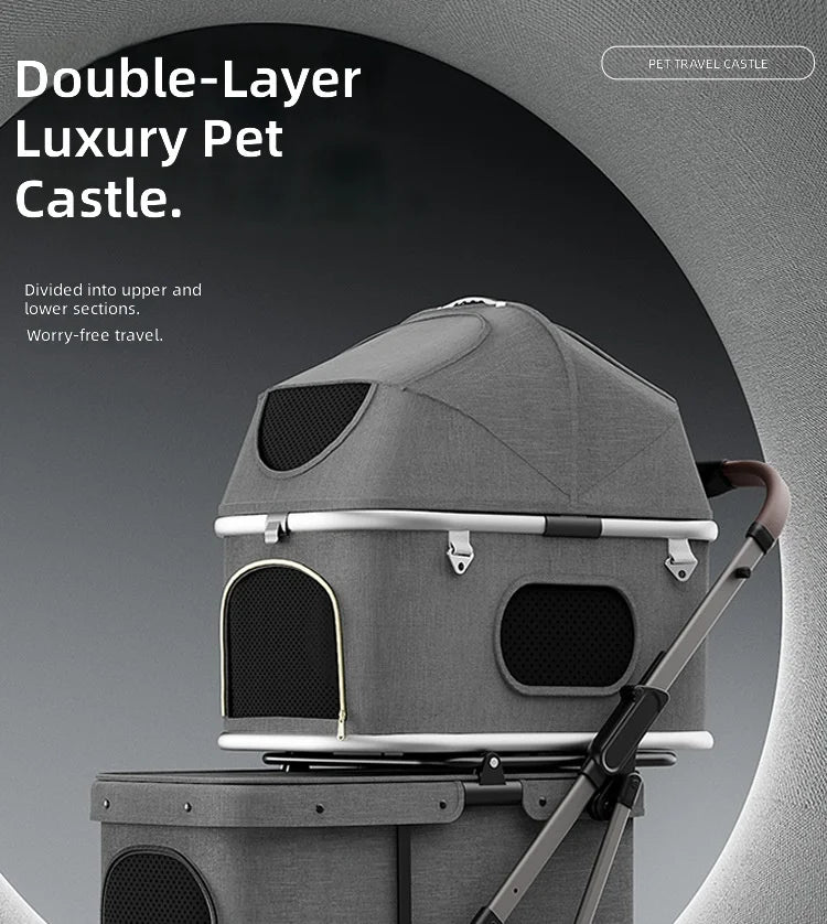 Double-Layer Foldable Lightweight Pet Stroller for Dogs & Cats — Portable Outdoor Travel Carriage
