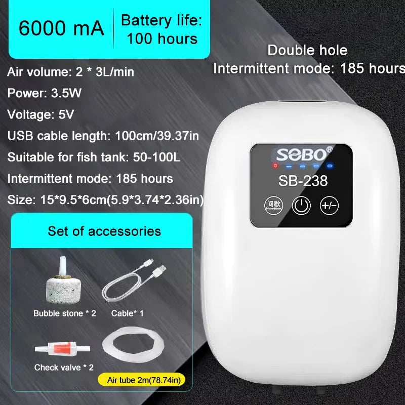 SOBO USB Rechargeable Aquarium Air Pump 600–4800mAh