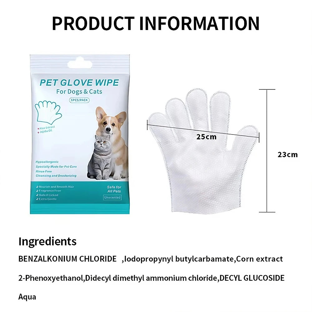 Rinse-Free Pet Bathing Gloves — Extra-Thick Cleaning Wipes, 6-Pack
