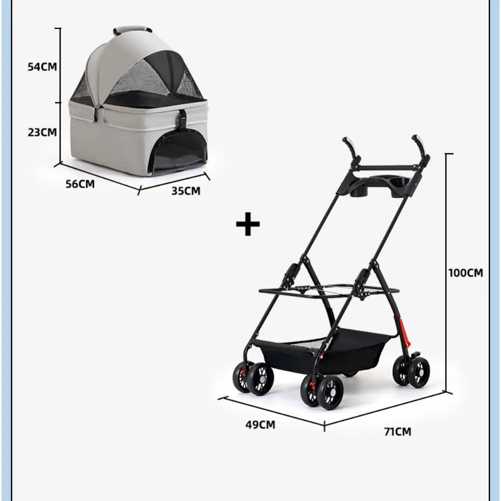 4-Wheel Foldable Dog & Cat Stroller with Cup Holder & Detachable Carrier