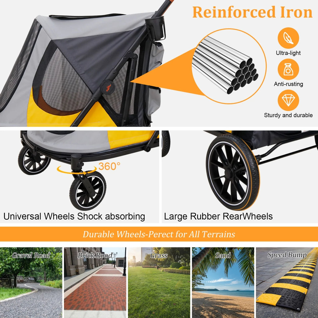 One-Click Folding 4-Wheel Jogger Wagon Stroller for Large Dogs with Storage Pockets