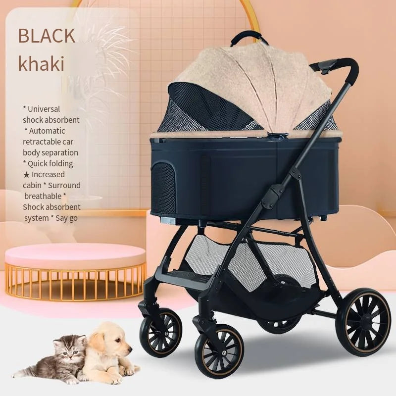 2026 Lightweight Foldable Pet Stroller with Detachable Small Cart for Dogs & Cats