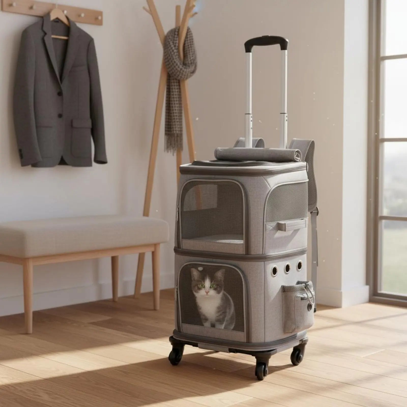 Double-Deck Breathable Pet Trolley Carrier Bag with Side Pockets & Scratch-Resistant Exterior