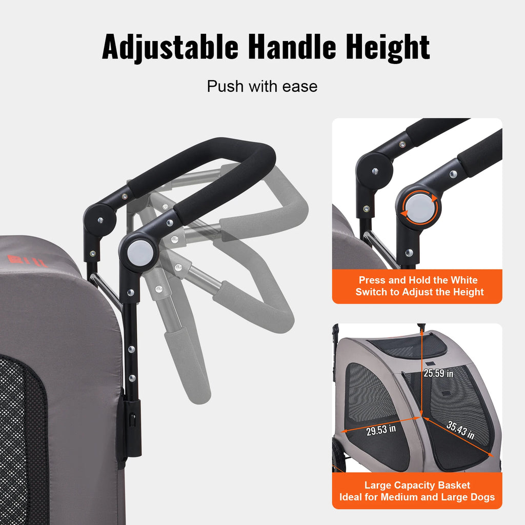 Portable Pet Stroller Carrier with Breathable Mesh Windows & Height-Adjustable Handle for Cats & Dogs