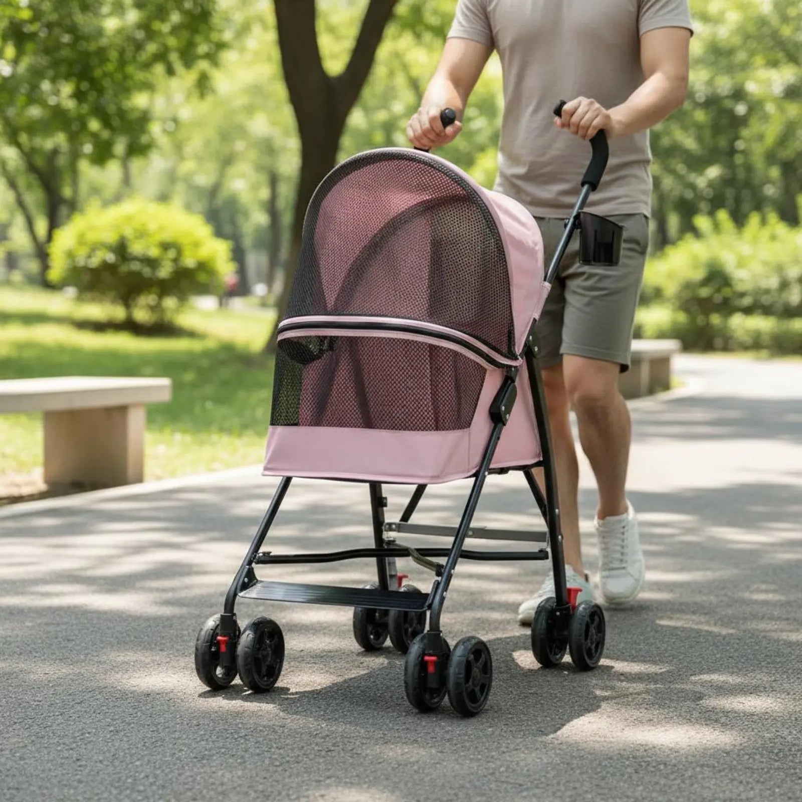 Ventilated Foldable Pet Stroller with Large Viewing Window & Brake System — Lightweight Outdoor Walker for Small Pets