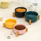 Elevated Ceramic Pet Bowl with Wood Stand
