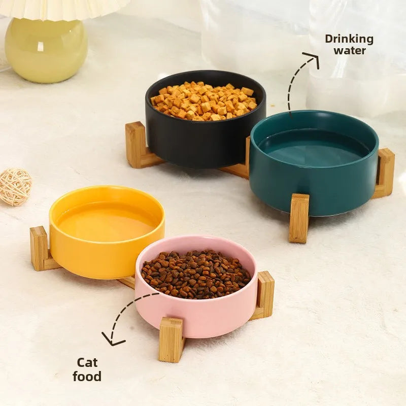 Elevated Ceramic Pet Bowl with Wood Stand