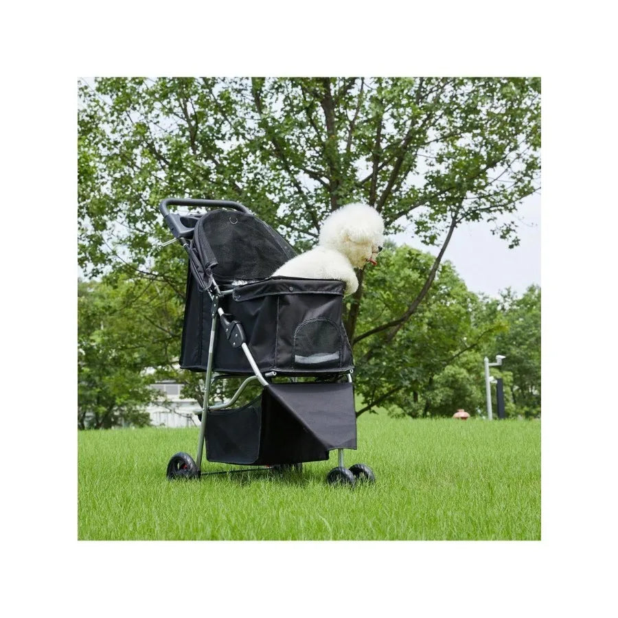 Lightweight 3-Wheel Pet Stroller with Storage Basket, Cup Holder & Breathable Mesh for Cats & Dogs