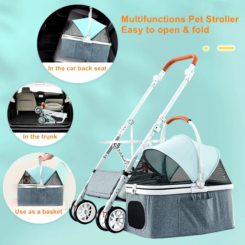 Customizable Pet Stroller with Detachable Stroller Rack & Pet Cage